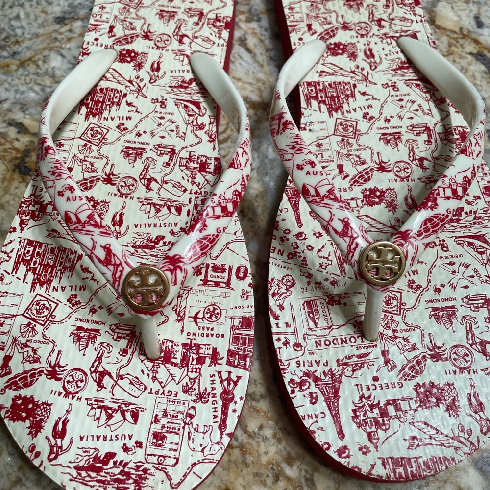 Tory Burch, Red and Cream Patterned Flip Flops LIMITED EDITION